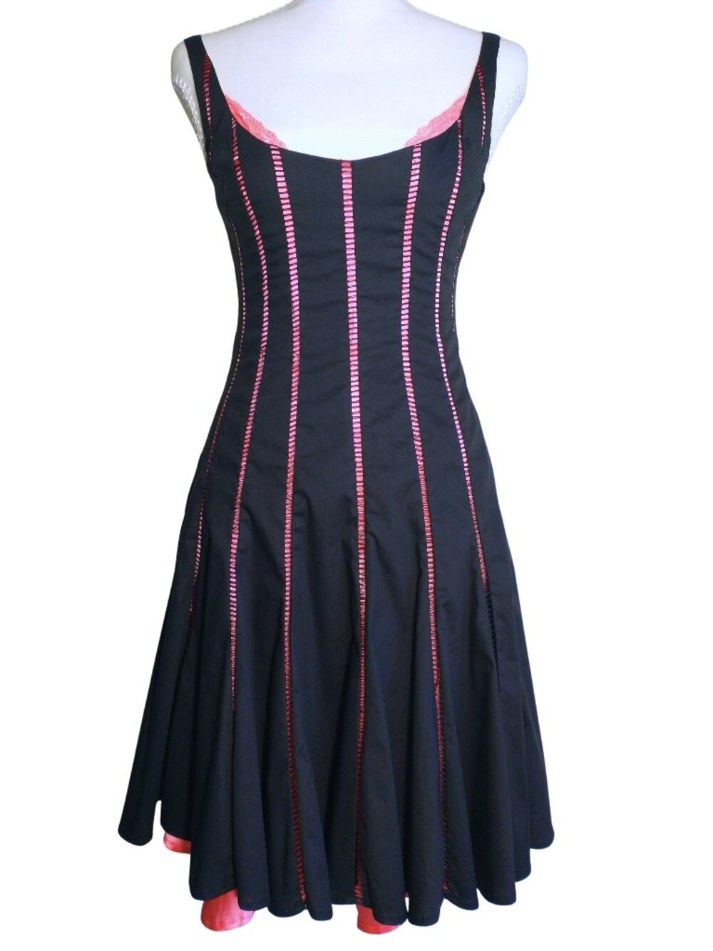 Rare Y2K Vtg Bebe Openwork Lattice Dress Pink Silk Lining Black Sexy Fit & Flare